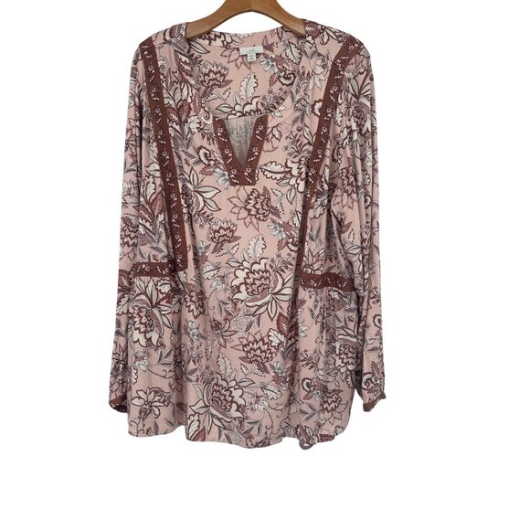 J. Jill Womens Floral Print Boho Tunic Top size 2X plus Pink  Brown Rayon - Picture 2 of 8
